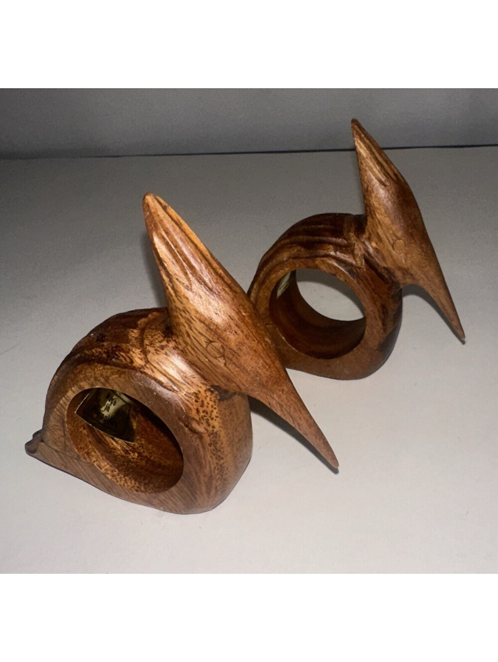 Set Of 2 Wooden Bird Stand Alone Hand Carved Napkin Rings Made in Philippines